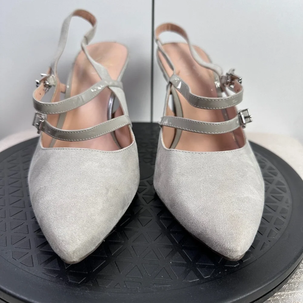 Franco Sarto Gray Suede Slingback Heels with Patent Accents Buckle Straps Sz 10M